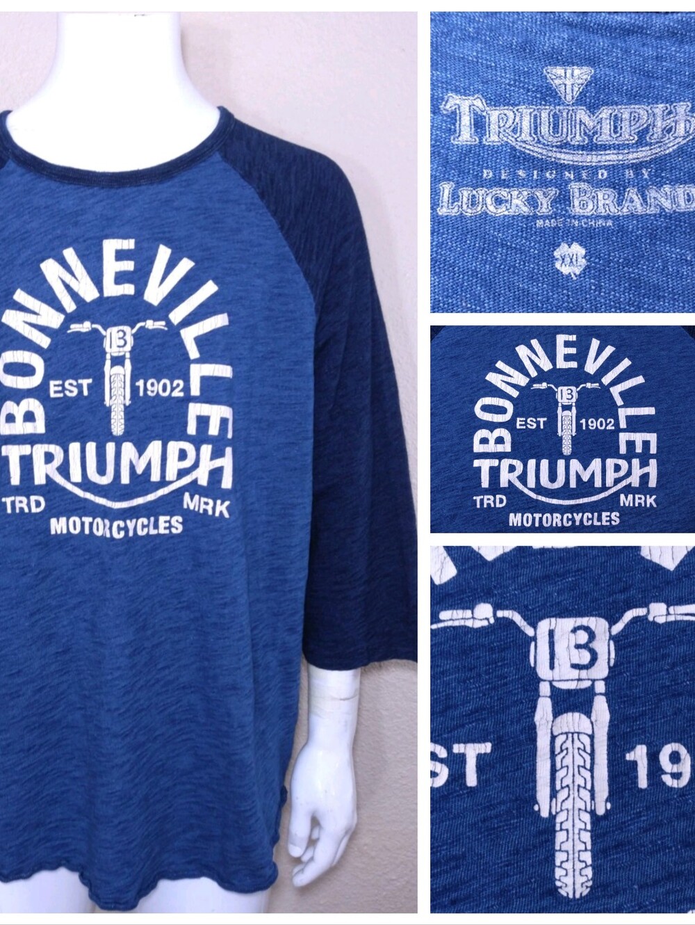 TRIUMPH Motorcycle LUCKY BRAND T Shirt XXL BONNEVILLE Mens 2XL 3/4 Sleeve BIKER